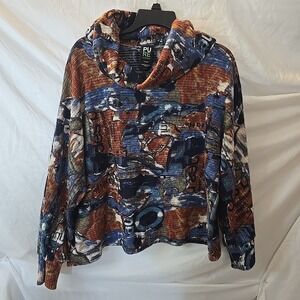 Pure Essence Abstract Print Waffle Knit Cowl Neck Pullover Top Women's  XL Boho
